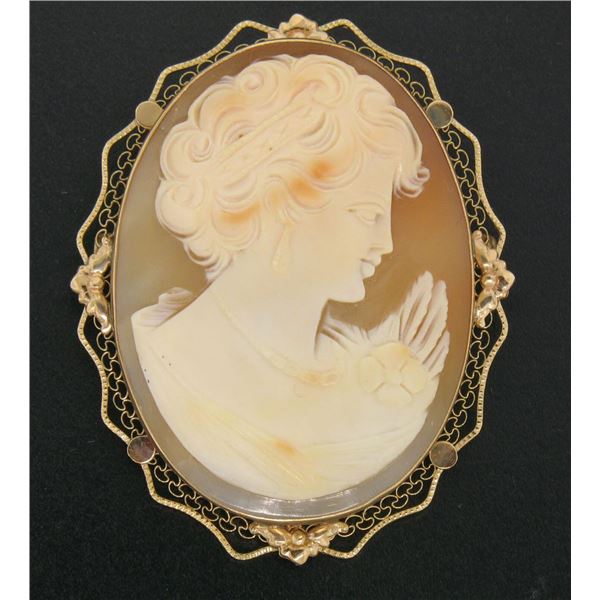 Vintage 14K Rose Gold Large Carved Shell Cameo Wavy Filigree Open Work Frame