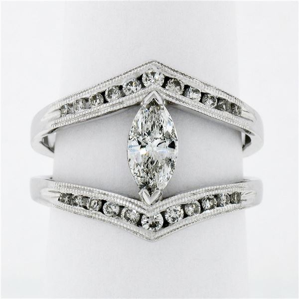 14K White Gold 1.01 ctw Marquise & Round Cut Diamond Milgrain Wide Open Split Ri