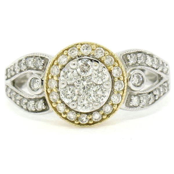 NEW 14k White & Yellow Gold Milgrain 0.75 ctw Pave Set Round Diamond Cluster Rin