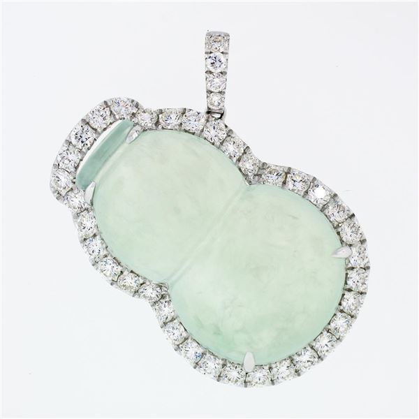 18k White Gold AGL Carved Grayish Green Jadeite Jade VS F 2.1 ctw Diamond Pendan