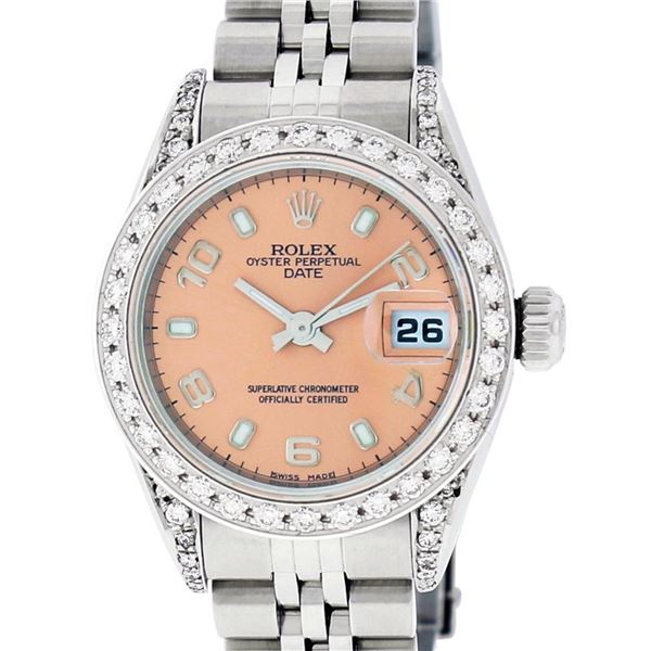 Rolex Ladies Stainless Steel Quickset Salmon Dial Diamond Lugs Date Wristwatch