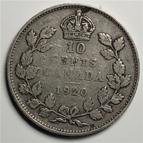 Canadian .10 Cent Dime 1920 VF