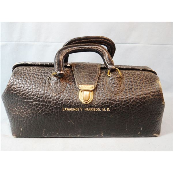 Early leather doctor's bag with contents, 15" l x 6" t