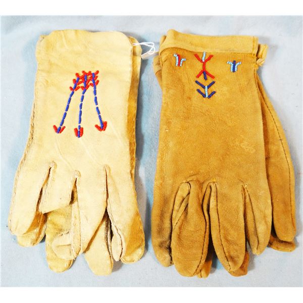 3 pcs: Beaded buckskin gloves, beaded mooseskin gloves and horsehair mitts