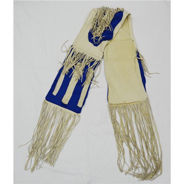 Blue & white leather fringed shawl, 54" long with 15" fringe on ends, 8" fringe in the middle and 6"
