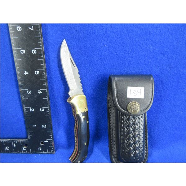 Folding Blade Locking Knife with Leather Sheath
