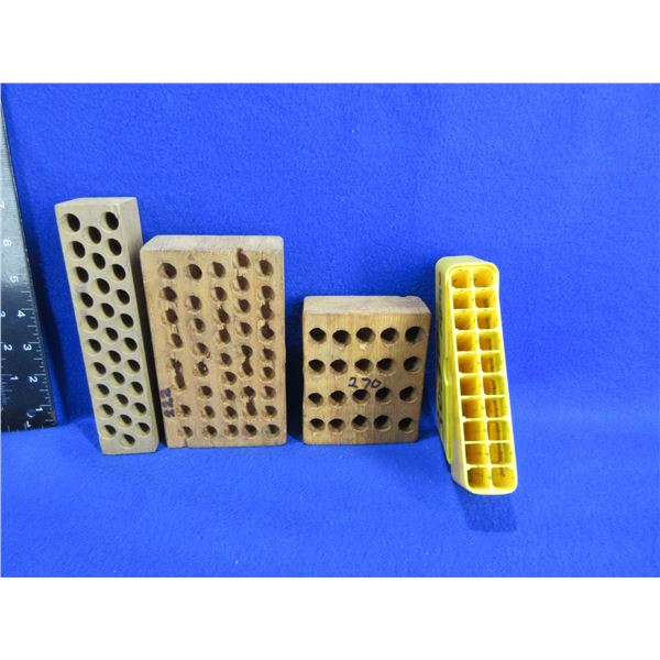 3 Wood Reloading Cartridge Holders & Plastic Ammo Box