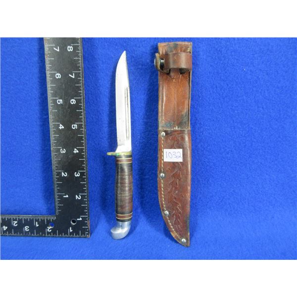 Vintage Fixed Blade Knife with Leather Sheath - 4" Blade