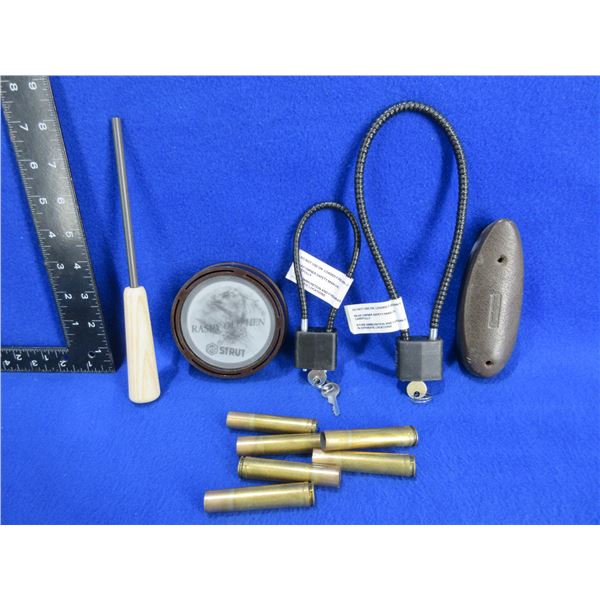 Lot of Misc. - Raspy Old Hen, Cable Locks, Butt Pad, Brass