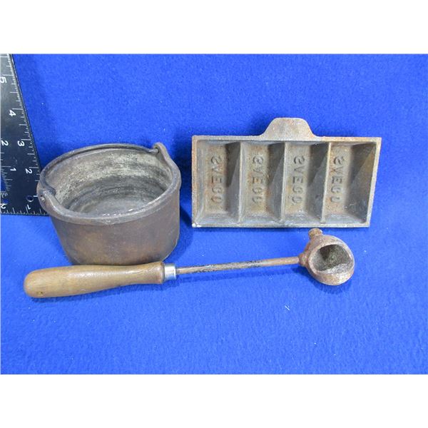 Saeco Lead Ingot Mold, Lead Melting Pot and Ladel