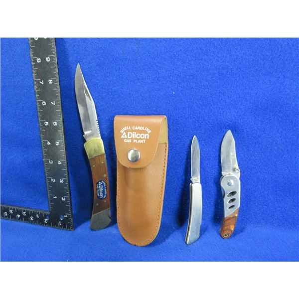 3 Folding Blade Locking Knives - 1 Has a Leather Sheath