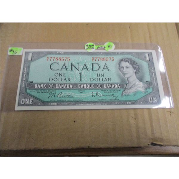 1954 UNCIRCULATED POKER HAND SERIAL NUMBER $1 BILL