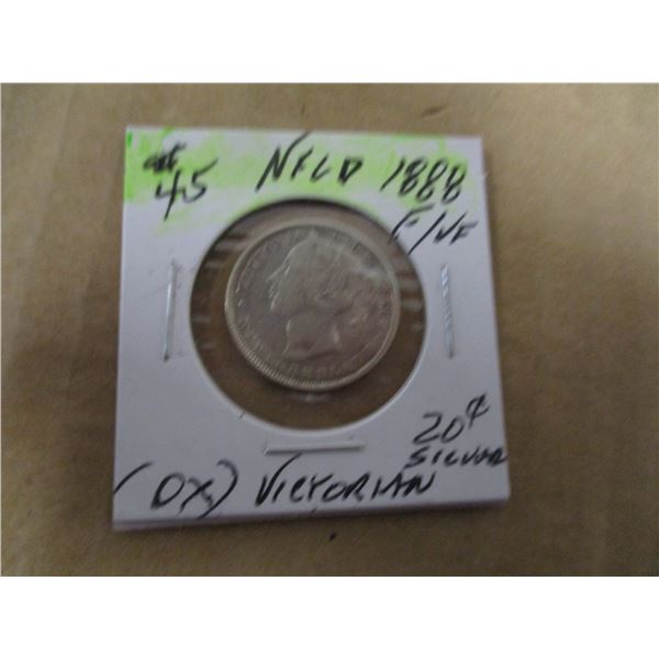1888 F/VF VICTORIAN NEWFOUNDLAND SILVER 20 CENT COIN