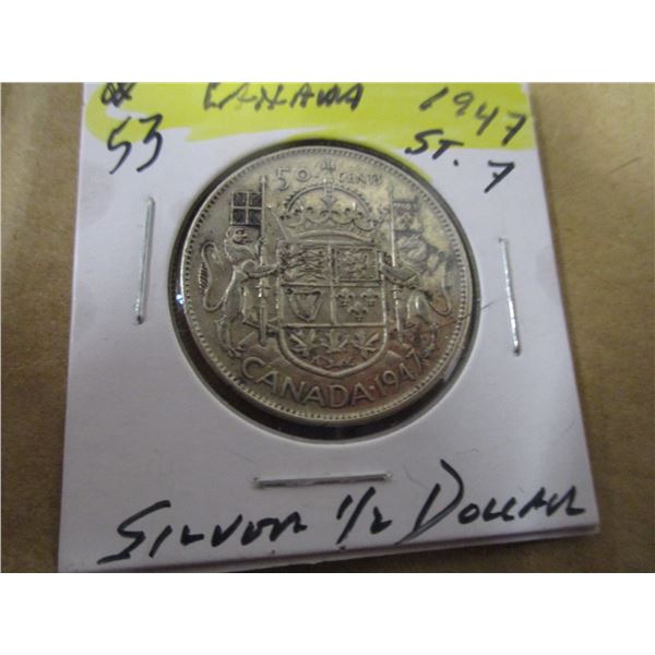 1947 STRAIGHT "7" CANADA SILVER HALF DOLLAR