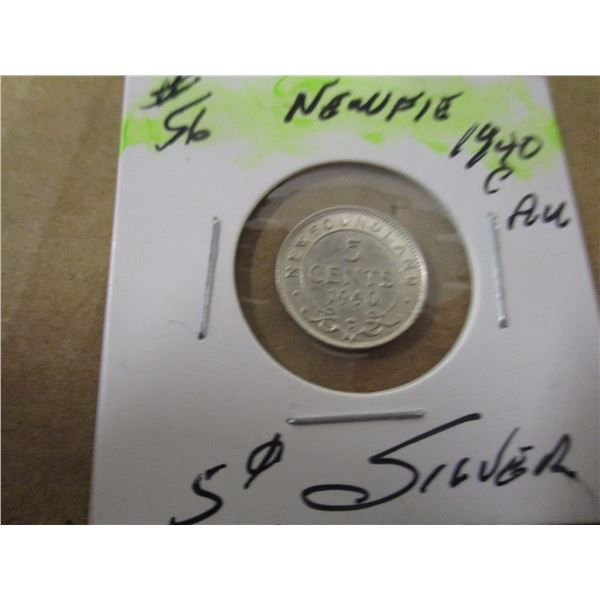 1940 C/AU NEWFOUNDLAND SILVER FIVE CENT COIN