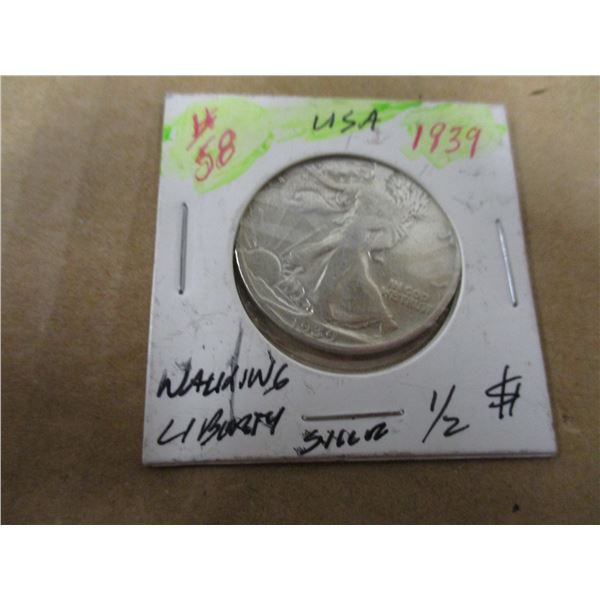 1939 USA WALKING LIBERTY SILVER HALF DOLLAR