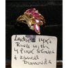 Image 1 : LADIES 14KT RING W/4 PINK STONES & 2 SM. DIAMONDS, SZ 4 3/4