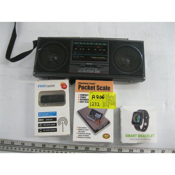 POCKET SCALE & SMART BRACELET WATCH & REALISTIC AM/FM STEREO MATE