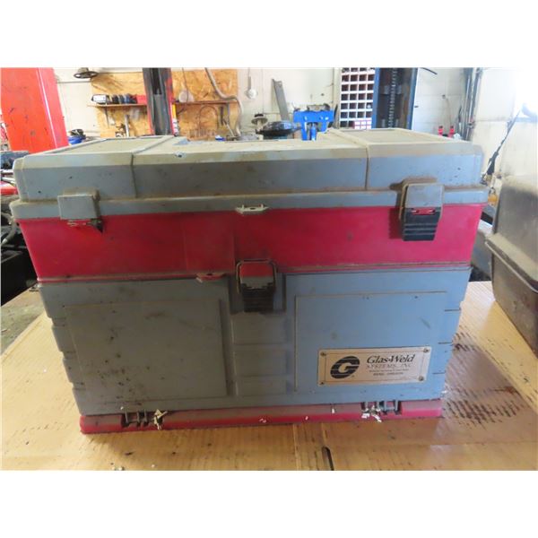 plastic tool box with assorted tools