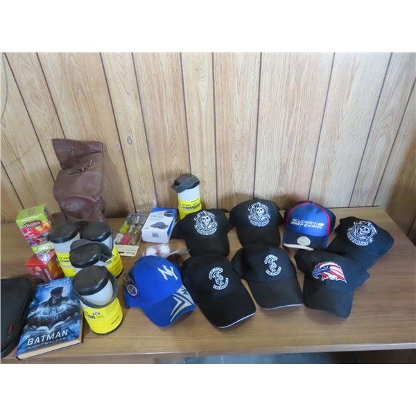 assorted hats, LED lanterns, fishing tackle, etc.