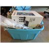 Image 1 : assorted tote - cleaners, tins, hammer, doorknob, etc.