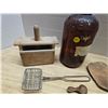 Image 3 : Lot of collectibles, wooden butter press, spigot, primitive scoop, Antique Javex bottle.