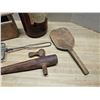 Image 4 : Lot of collectibles, wooden butter press, spigot, primitive scoop, Antique Javex bottle.
