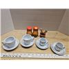 Image 1 : 2 mini teacup and saucer sets, 2 sets of amber glass salt and pepper shakers