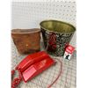 Image 3 : VINTAGE LOT RED DIAL PHONE WASTE BASKET PIE BIRD BINOCULARS