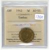Image 1 : 1942 ICCS graded, "Tombac" Canadian 5 cent coin - AU55