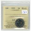 Image 1 : 1955 ICCS graded, Canadian 5 cent coin - MS65
