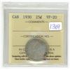 Image 1 : 1930 ICCS graded, Canadian silver 25 cent coin - VF20