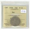 Image 1 : 1936 ICCS graded, Canadian silver 25 cent coin - F15