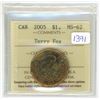 Image 1 : 2005 ICCS graded, "Terry Fox" Canadian 1 dollar loonie coin - MS62