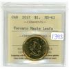 Image 1 : 2017 ICCS graded, Toronto Maple Leaf's" Canadian 1 dollar loonie coin - MS62