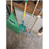 Image 2 : four garden and yard tools 2 rakes, 1 hoe, 1 shovel