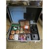 Image 1 : plastic case with a Singer buttonholer, misc. chargers, Dyson battery, backgammon, décor items, etc.