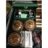 Image 3 : plastic case with a Singer buttonholer, misc. chargers, Dyson battery, backgammon, décor items, etc.