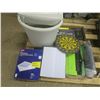 Image 1 : vintage pamphlets and assorted office supplies, paper shredder, envelopes, dart board, etc.