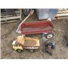 vintage red wagon, dump truck and tractor toy
