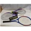 3 tennis rackets and balls