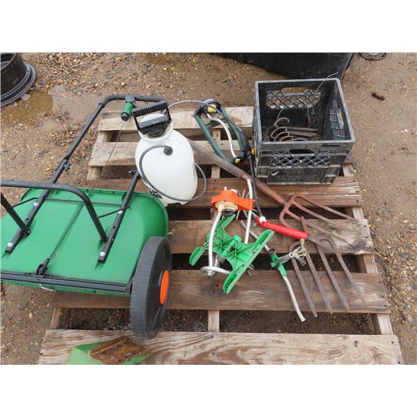 lot of gardening , sprayer , fertilizer , potato forks