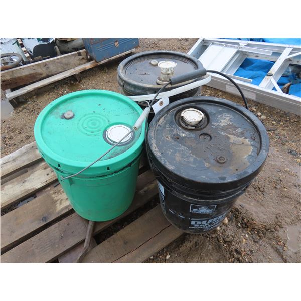 3 five gallon pails of assorted oil half full jugs