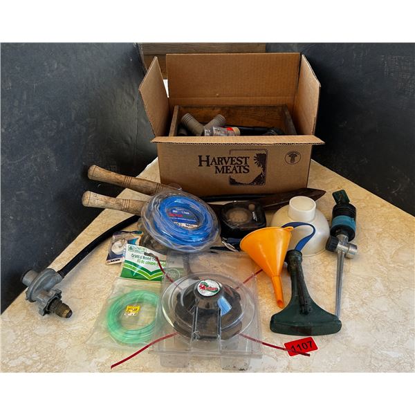 Box of plumbing, watering parts & garden shears