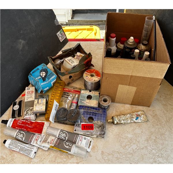 Box of assorted fluids, silicones & bulbs