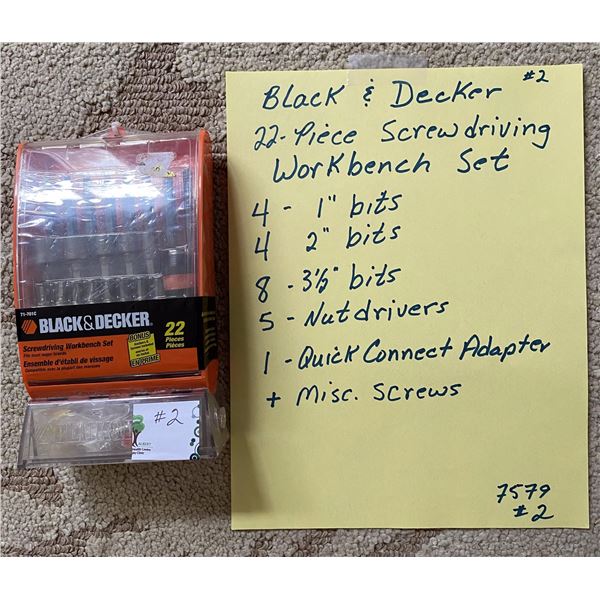 Black & Decker, 22 piece screwdriver workbench set, bits, nutdrivers, misc. nuts, quick connect adap