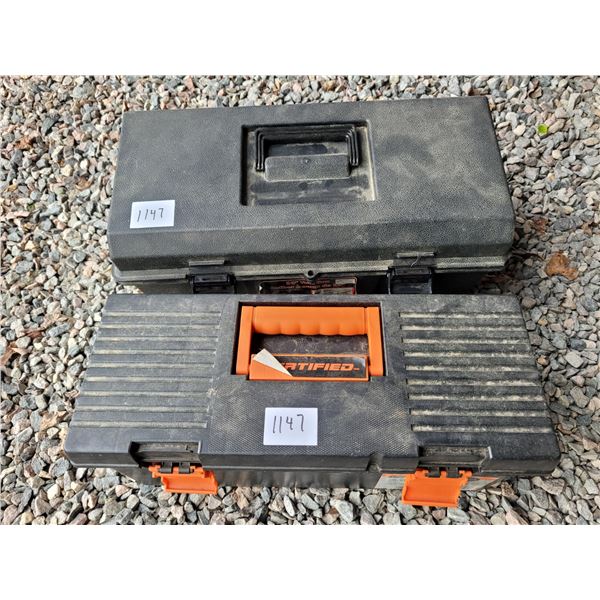 2 tool boxes in great condition - includes deck adhesive caulking, small vehicle air compressor and 