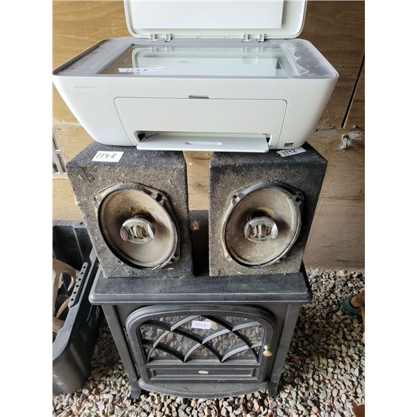 working HP printer, pair of speakers and electric fireplace heater