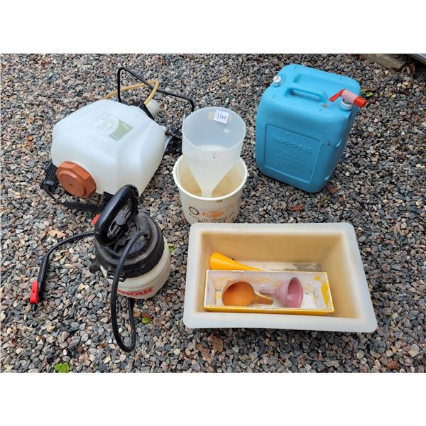 4 funnels, 5 gallon water jug, 2 weed sprayers and plastic containers - nothing leaks