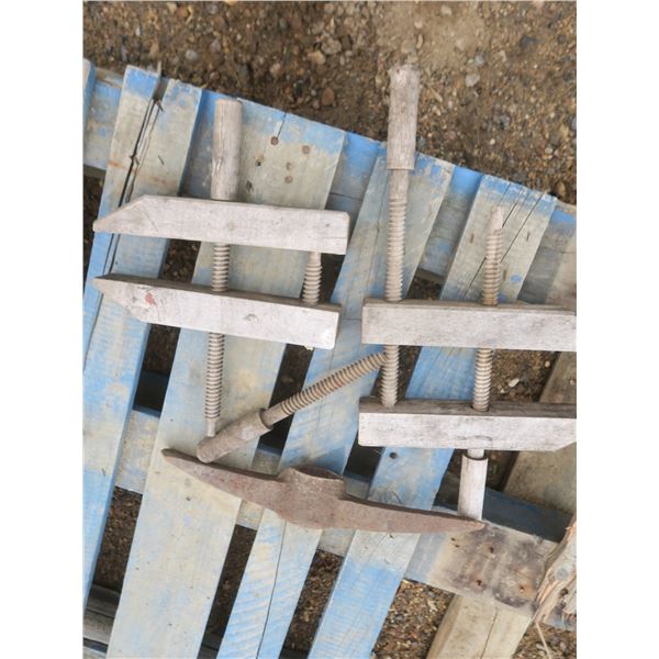 2 vintage wooden clamps (1 broken) and pickaxe head